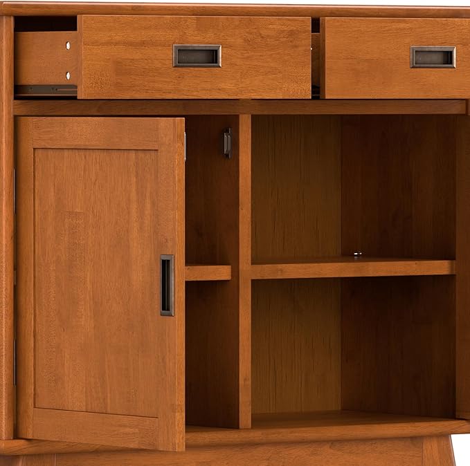 SIMPLIHOME Draper Solid Hardwood 36 inch Wide Mid Century Modern Entryway Storage Cabinet in Teak Brown for The Living Room, Entryway and Family Room