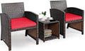 COSTWAY 3 Pieces Patio Furniture Sets, Outdoor Rattan Conversation Set with Tempered Glass Tabletop and Soft Cushion, Wicker Cushioned Chair Sofa for Backyard, Porch, Poolside, Lawn, Red