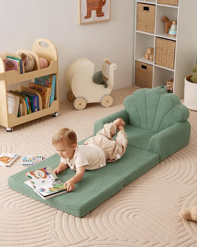 Blissful Diary Kids Couch, 2-in-1 Soft Toddler Couch Fold Out, Toddler Chair Comfy, Convertible Sofa to Lounger, Kids Furniture for Playroom, Gift for Birthday, Children's Day, Green Shell