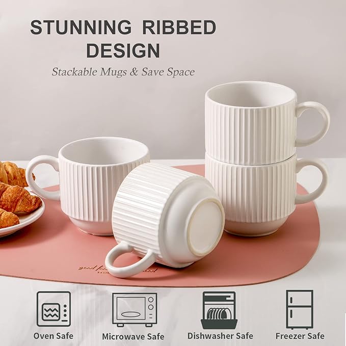 HASENSE Ceramic Coffee Mugs Set of 4 with Rack - 15 oz Stackable Large Porcelain Ribbed Latte Cup Set for Cappuccino, Tea, Hot Cocoa, Drinks - Dishwasher & Microwave Safe, White