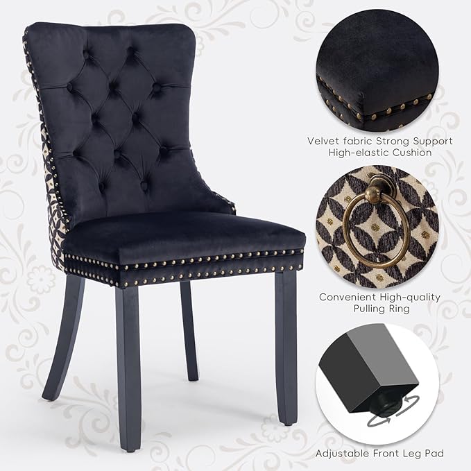 Velvet Upholstered Dining Chairs Set of 6, Modern Style Kitchen Side Chairs with Nailhead Trim and Wood Legs,Metal Pulling Ring for Dining Room Living Room(Quadrangular Star&Black)