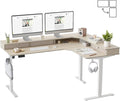 FEZIBO L Shaped Electric Standing Desk, 63 x 48inch Large with Drawers | Reversible Tabletop, 2 Memory Height Settings | Home Office & Gaming Height-Adjustable Table, Light Walnut Top/White Frame