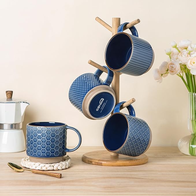 GBHOME 12OZ Stackable Coffee Mugs with Stand, Ceramic Coffee Mugs with Texture Patterns for Man,Woman,Dad,Mom, Modern Coffee Cups Set of 4 for Latte/Cappuccino/Cocoa. Dishwasher&Microwave Safe, Blue