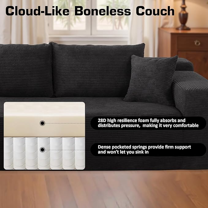 106" Cloud Sectional Couch with Chaise Lounge,L Shaped Modular Modern Sofa,Comfy Corduroy Fluffy Sofa with Deep Seat,No Assembly Required Couch for Living Room(Left,Stripe Corduroy,Black)