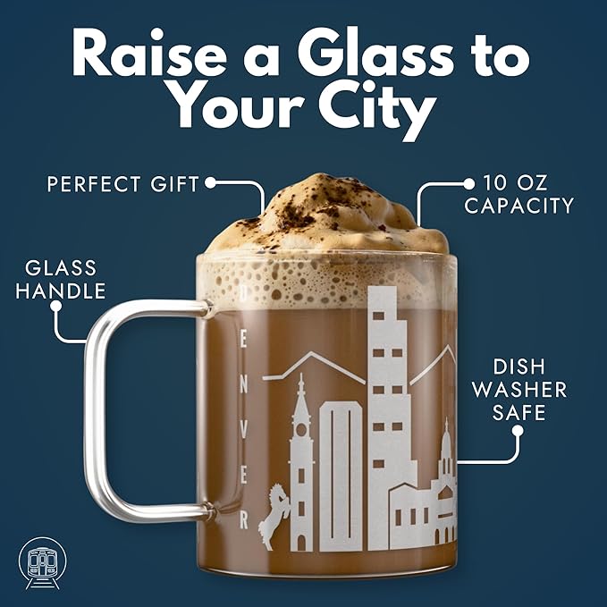 Greenline Goods – Denver, CO Skyline Glass Coffee Mugs (Set of 2), 15 oz – Etched Wrap Design