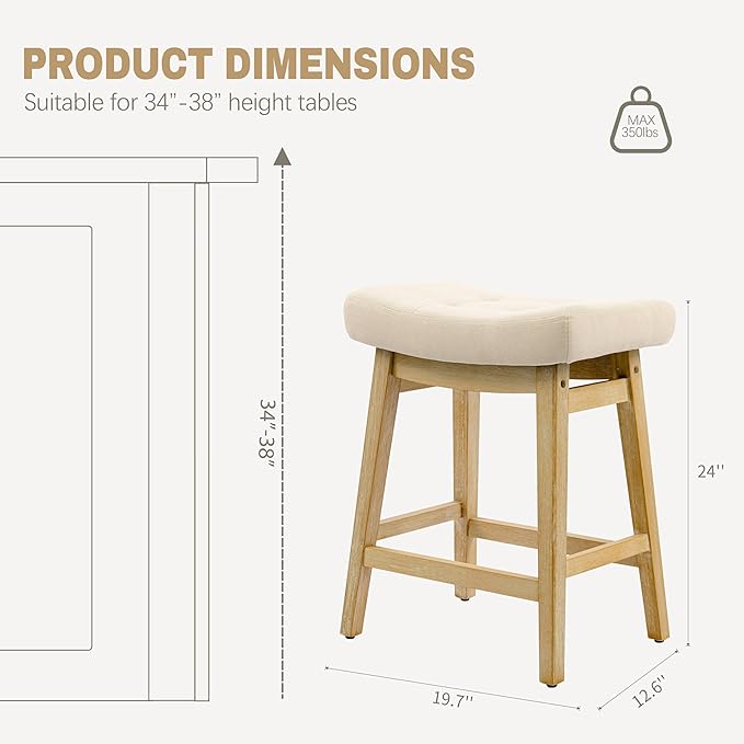 Counter Height Bar Stools Set of 6 for Kitchen Counter Farmhouse Modern Barstools with Upholstered Fabric Backless Seat and Solid Wood Legs 24 inch Bar Chairs, Khaki + Wood Color