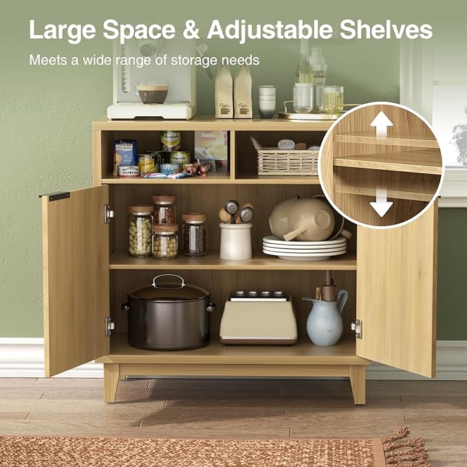 Buffet Cabinet with Storage - Elegant Fluted Storage Cabinet with Adjustable Shelves and Solid Wood Leg, Modern Buffet Sideboard for Living Room, Dining Room, Entryway