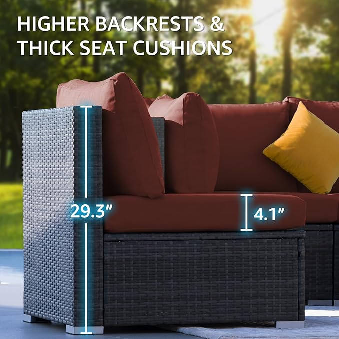 NICESOUL 8 Piece Modern Patio Couch Set, 29.3'' High Back Oversized Wicker Outdoor Sectional Furniture with Ottoman, Wide Seating Comfy Conversations for Backyard Deck, 2 Color Cushion Wine & Gray