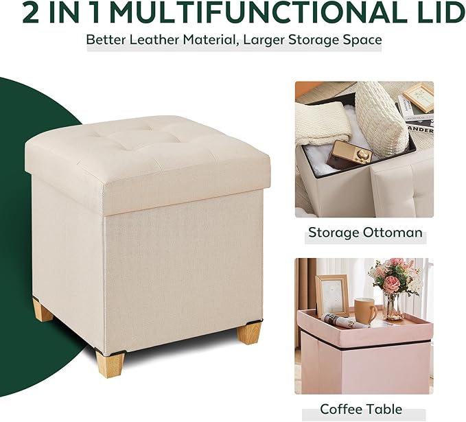 17.7" Ottoman with Storage, Square Storage Ottoman for Dorm, Linen Ottomans with Legs for Living Room, Bedroom, Beige