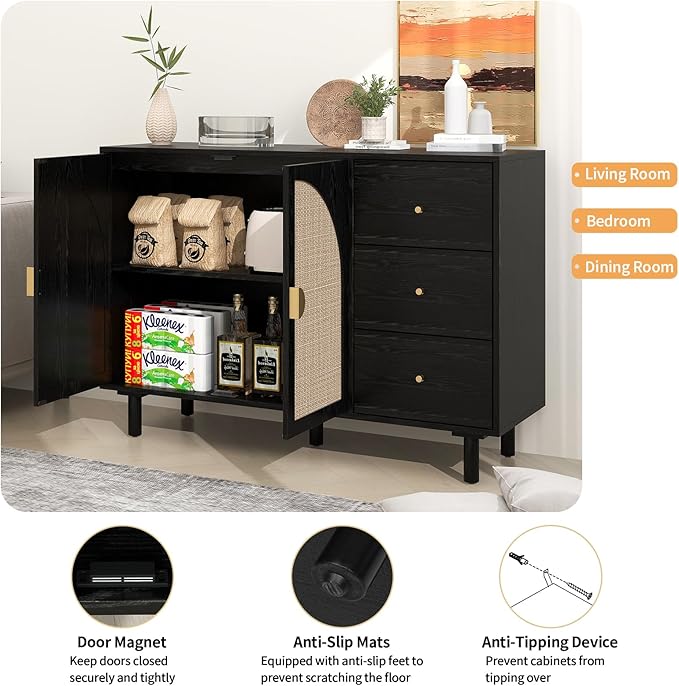 Black 2 Door 3 Drawer Rattan Cabinet, Accent Storage Cabinets with Cane Door, Stylish Boho Buffet Table with Storage,Black Rattan Cabinet Wood Credenza for Dining Room,Bathroom,Study,Kitchen