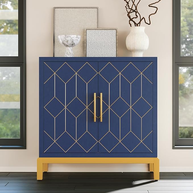 HLR Accent Cabinet with Gold Trim,Storage Cabinet with 2 Doors,Modern Wooden Sideboard for Living Room, Kitchen, Office and Hallway,Blue