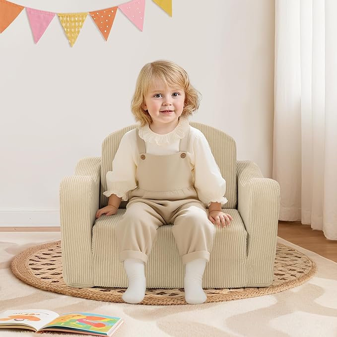 Comfy Toddler Chair for Kids, 2-in-1 Toddler Soft Plush Couch Fold Out, Convertible Kids Couch to Lounger, Baby Sofa for Boys and Girls, Beige