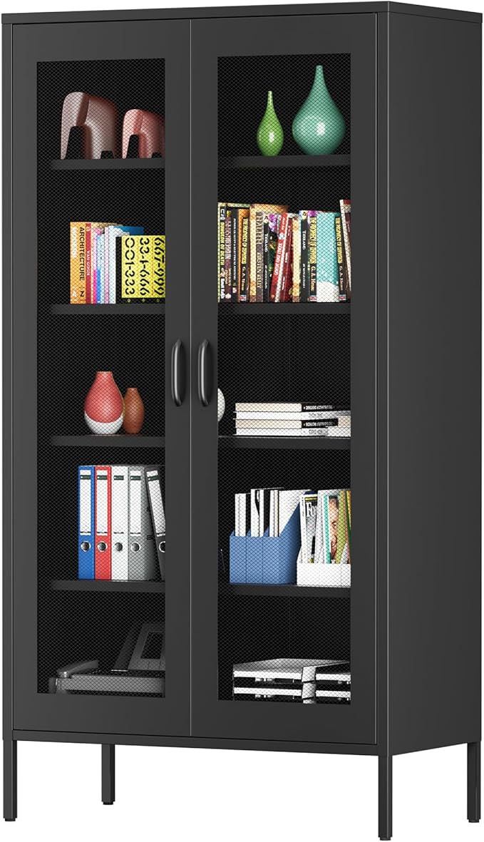 73 Inches Black Metal Storage Cabinet with Mesh Doors, 5 Tier Display Cabinet for Home Office, Metal Kitchen Pantry Storage Cabinet with 4 Adjustable Shelves