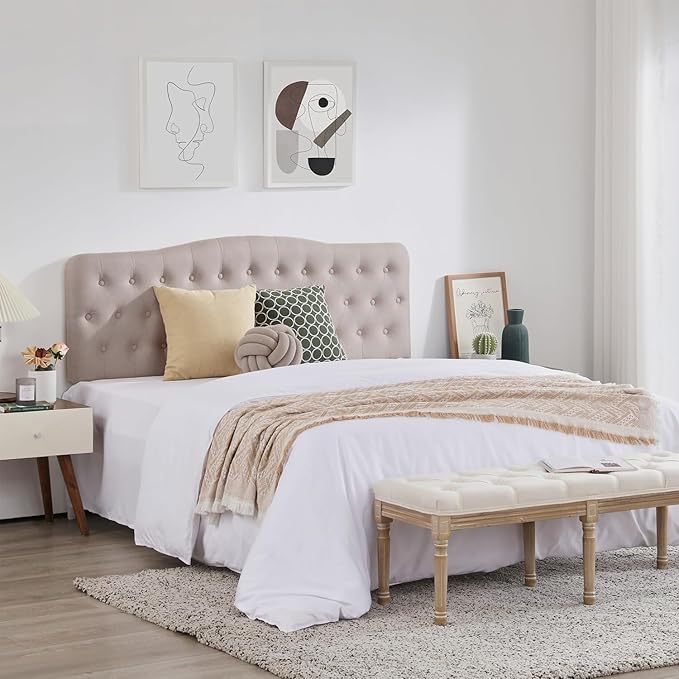 Upholstered Twin Headboard, Button Diamond Tufted Headboards with Adjustable Height and Solid Wood Leg, Linen Fabric Padded Headboard for Twin Size Bed, Mordern Head Board, Beige