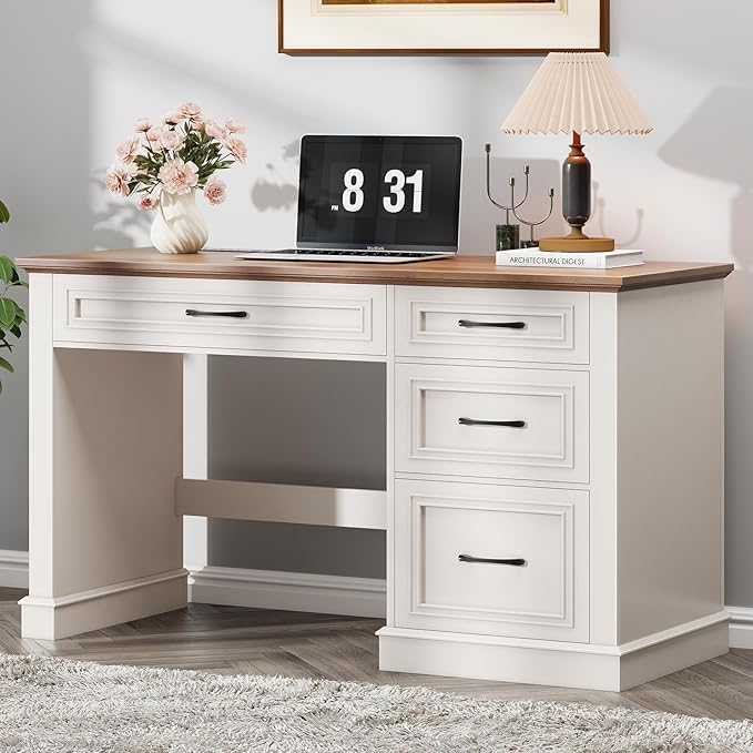Farmhouse 47" Executive Desk, Computer Desk with Drawers and File Drawer, Workstation Computer Desk with Charging Station for Home Office,Study,（Unique White）
