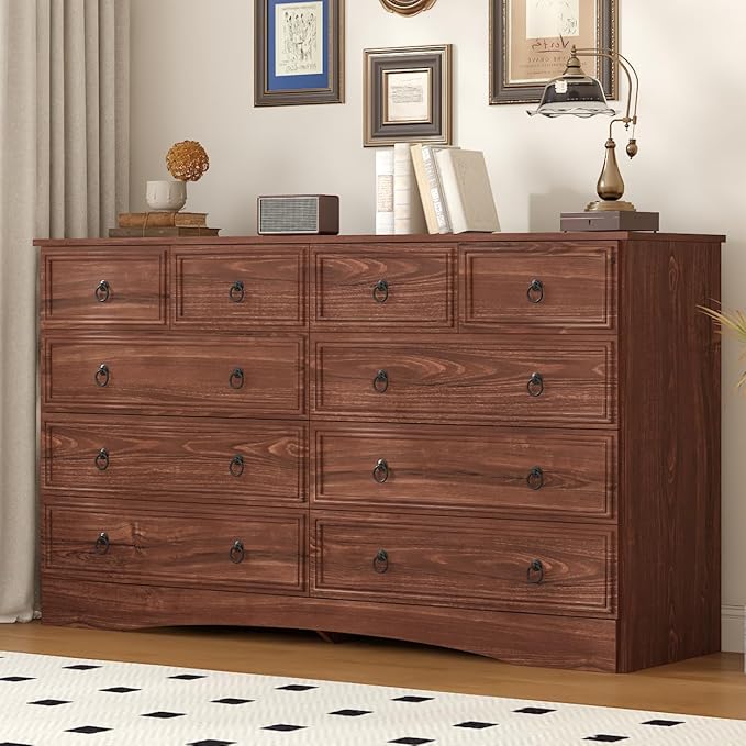 10 Drawers Dresser for Bedroom, 55.2 Inches Large Dressers Mid Century Modern Cherry Wood Chest of Drawers,Storage Organizer Furniture, Hallway, Entryway, Closet, Cherry Wood