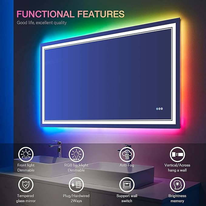 48x32 inch LED Lighted Bathroom Mirror,RGB Color Changing LED Mirror for Bathroom,Dimmable Anti-Fog Backlit Vanity Mirror (RGB Multicolor Backlit + Adjustable Front-Lighted)