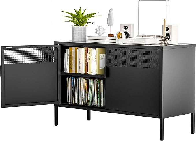 Black Wide Metal Locker Storage Cabinet, 2 Door Accent Cabinet for Home and Office, 2 Tier Low Metal Cabinet With Doors and Shelf, Multipurpose TV Stand