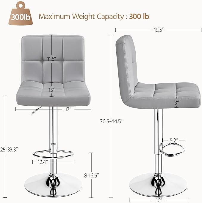 Yaheetech Bar Stools Set of 3, Adjustable PU Leather Swivel Barstools, Modern Counter Stools with Back and Footrest, Counter Height Barstools for Bar, Kitchen, Dining Room, Light Grey