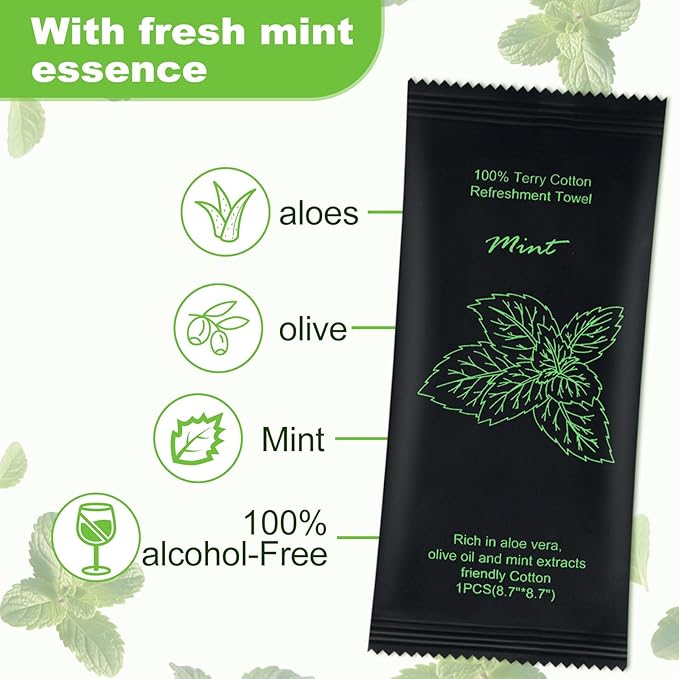 Moist Cotton Towel Bulk Moist Towelettes Individually Wrapped 8.7" x 8.7",White Towel Services,Refreshment Pre Moistened Towels for Travel Sport Party Spa Dentist (1 Count (Pack of 50), Mint)
