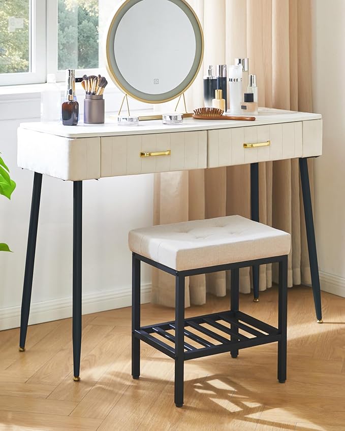 IBUYKE Rectangular Makeup Stool with Adjustable Feet and Storage Space, Footrest Chair, Linen Seat Vanity Stool, Multi-Use as Small Side Table or Ottoman, for Bedroom, Linen WBD017Y