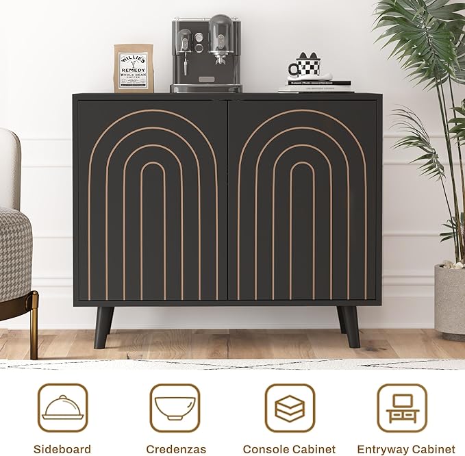 Accent Cabinet with Carving Lines, Modern Buffet Sideboard with Adjustable Shelves, Decorative Storage Cabinets for Bedroom Living Room Kitchen Office and Hallway (Black, 1)