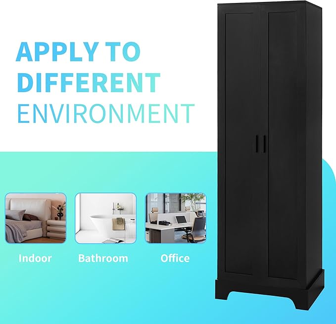 Tall Freestanding Storage Cabinet, Multi-Purpose Floor Organizer with 2 Doors & 5 Adjustable Shelves for Bathroom, Office, Living Room, Black
