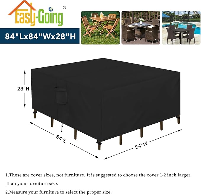 Easy-Going Square Patio Furniture Cover Waterproof Outdoor Dining Table and Chair Cover Anti-UV Outside Sectional Sofa Set Covers (84" L x 84" W x 28" H, Black)