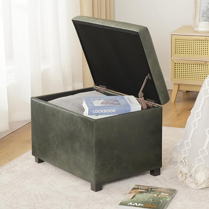 Asense Storage Ottoman Bench,Foot Stool Ottoman with Storage, Faux Leather Foot Rest Seat with Safety Hinge,Wood Legs Stool for Living Room, Bedroom,Enterway,Green