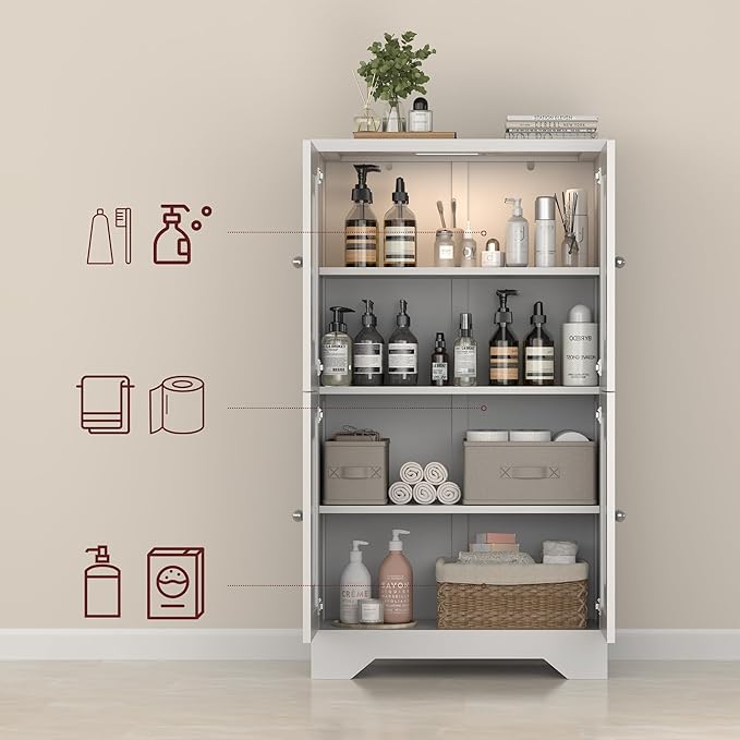 PARTPHONER Bathroom Floor Storage Cabinet with Cabinet Lights, Modern Storage Cabinet with 4 Doors and Adjustable Shelves, Buffer Hinges, White Pantry Cabinet for Living Room & Kitchen