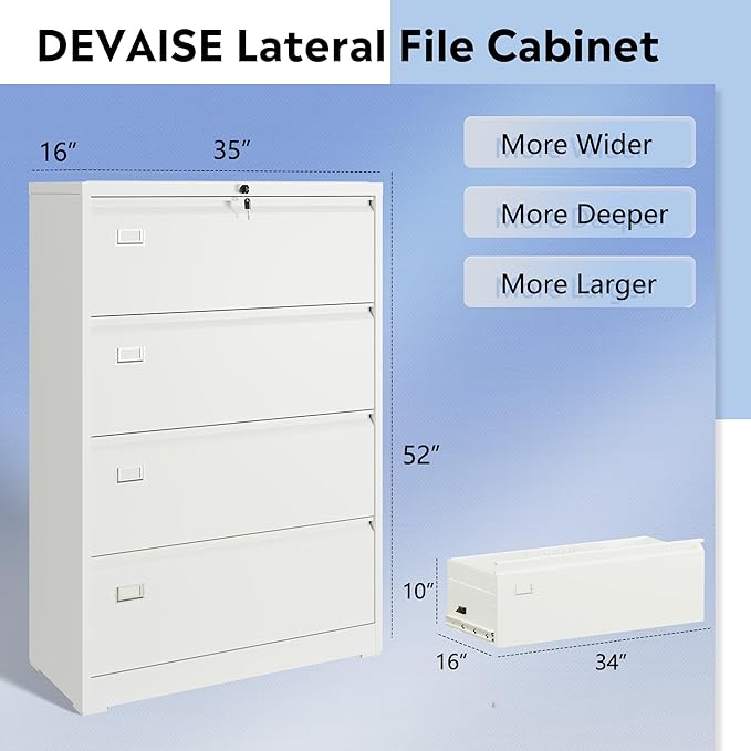 DEVAISE 4 Drawer Lateral File Cabinet with Lock, Metal Filing Cabinets for Home Office, 16" D x 35" W x 52" H Wide Storage Organization for Hanging Files Letter/A4/Legal/F4 Size, White
