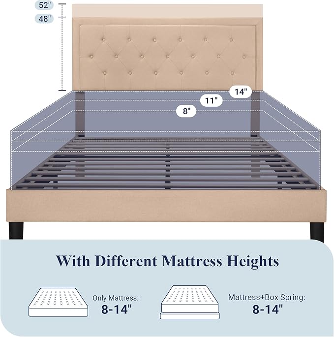 Allewie Queen Size Button Tufted/Fabric Upholstered Bed Frame with Adjustable Headboard/Wood Slat Support/Mattress Foundation/Beige