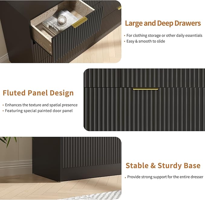 Black Dresser with 7 Drawer - 55” Wide Fluted Dresser for Bedroom with Metal Handle, Chest of Drawer, Wood TV Stand for Bedroom, Living Room, Black