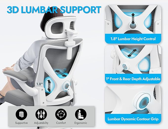 Ergonomic Office Chair: White Computer Desk Chair Comfy Gaming Chair for Adults - Office Chair with Lumbar Support & Headrest - Executive Office Rolling Chairs for Home Work (Grey)