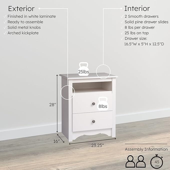 Prepac Sonoma 2 Drawer Nightstand: Elegant Bedroom Furniture, Bedside Table with Open Shelf, 23.25"W x 16"D x 28"H, White