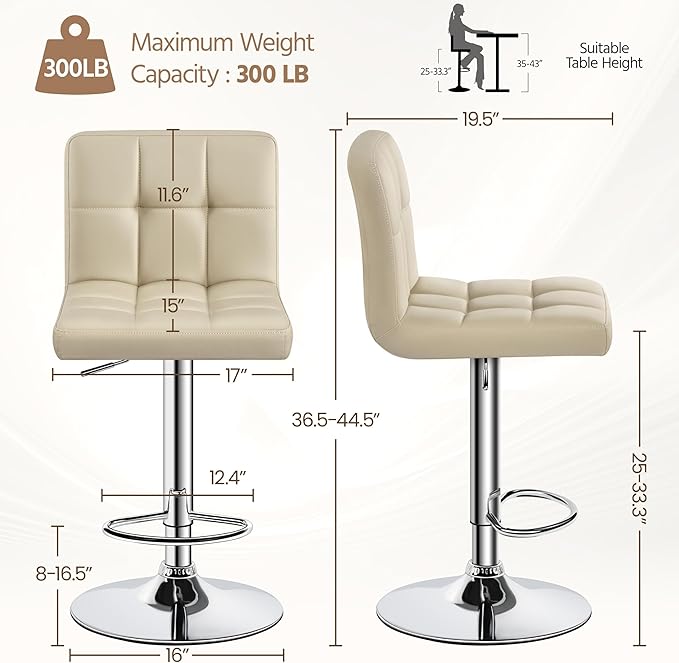 Yaheetech Bar Stools Set of 2, Adjustable PU Leather Swivel Barstools, Modern Counter Stools with Back and Footrest for Bar, Kitchen, Dining Room, Khaki