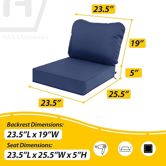 AAAAAcessories Outdoor Deep Seat Cushions, Waterproof, Fade-Resistant Patio Furniture Replacement Cushions, 23.5" x 25.5" x 5" + 23.5" x 19", Set of 2, Navy Blue