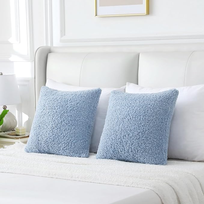 FUTEI Light Blue Throw Pillow Covers 18x18 Inch Set of 2,Furry Faux Fur Teddy Boucle Textured Cushion Covers,Soft Fluffy Decorative Pillow Case,Home Decor for Couch Bed Living Room Office Car