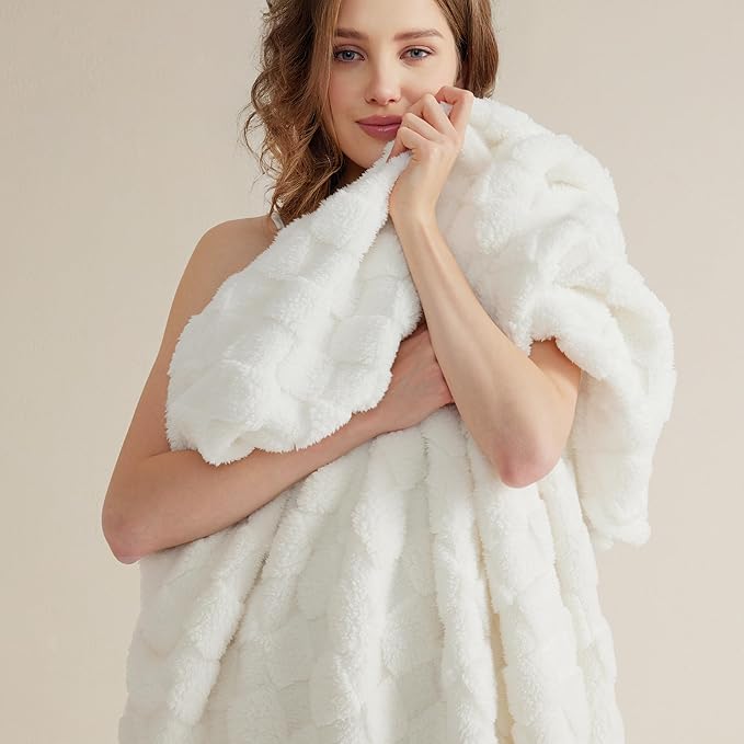 Bedsure GentleSoft White Throw Blanket for Couch - Checkered Fleece Blankets Gifts for Women Men Girls, Cute Soft Cozy Throw for Bedroom Home Decor Gifts, 50x60 Inches