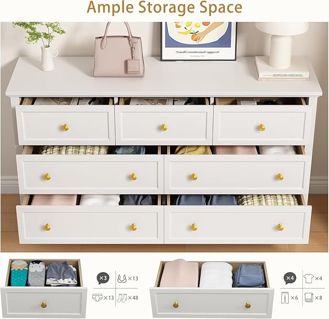 LYNSOM White Dresser for Bedroom with 7 Drawers, Modern Wide Chest of Storage Drawer with Gold Handles, TV Stand Dresser, Wood Dressers for Bedroom Living Room, Hallway, Entryway, 55’’