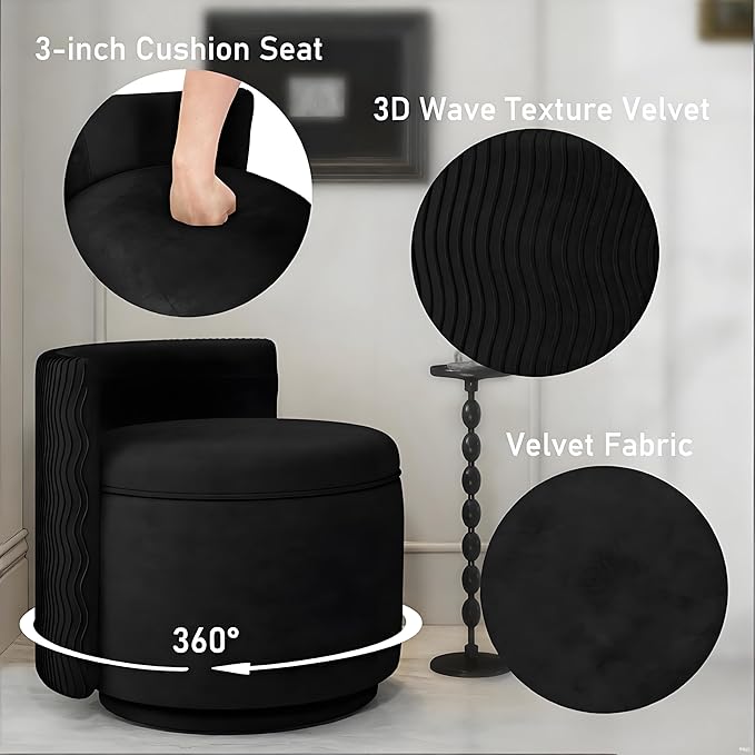 360° Swivel Accent Chair with Storage, Vanity Stool with Back, Velvet Storage Ottoman, Upholstered Round Barrel Vanity Chair for Living Room, Makeup Room, Bedroom (Black)
