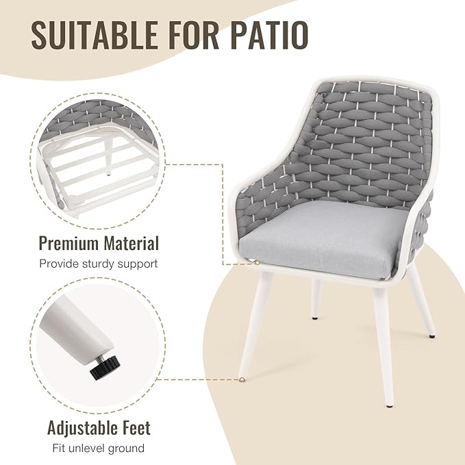SUNSITT Outdoor Dining Chairs Set of 2, Metal Outdoor Patio Dining Chairs with Weather-Resistant Cushions, Woven Rope Chairs Outdoor with Armrest Light Grey Outdoor Furniture Chairs for Backyard