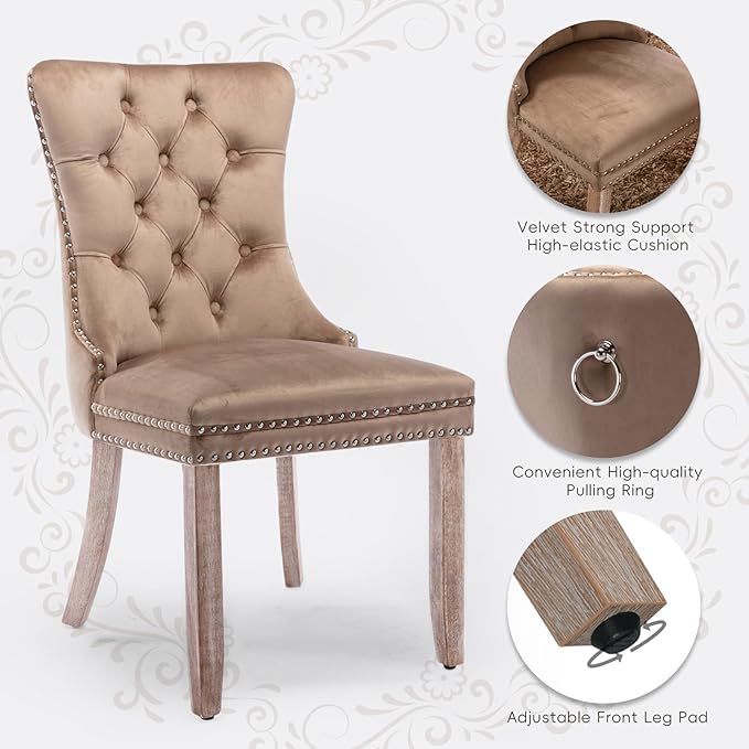 Velvet Upholstered Dining Chairs Set of 6, Modern Style Kitchen Side Chairs with Nailhead Trim and Wood Legs,Metal Pulling Ring for Dining Room Living Room(Khaki,Set of 6)
