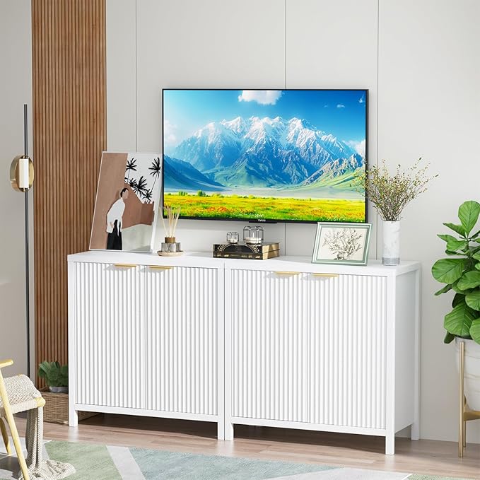 Sideboard Buffet Cabinet Set of 2, 31" Fluted Storage Cabinet with 2 Doors and Adjustable Shelves, Modern Sideboard Console Table for Living Room,Entryway,Dinning Room,Kitchen-White