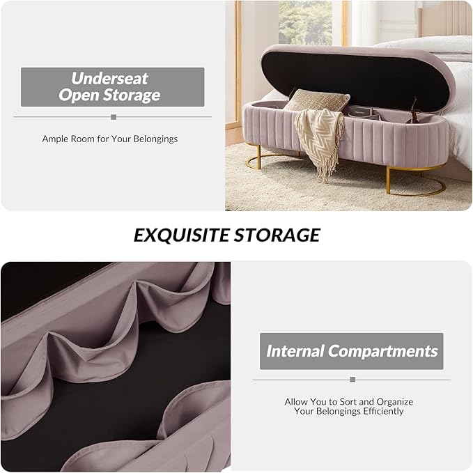 EcoHarbor Living 55.5" Storage Bench Ottoman End of Bed Bench Bedroom Bench, Upholstered Velvet Long Window Bench Large King Size with Gold Legs, Flipping Lid Entryway Footrest (Pink)