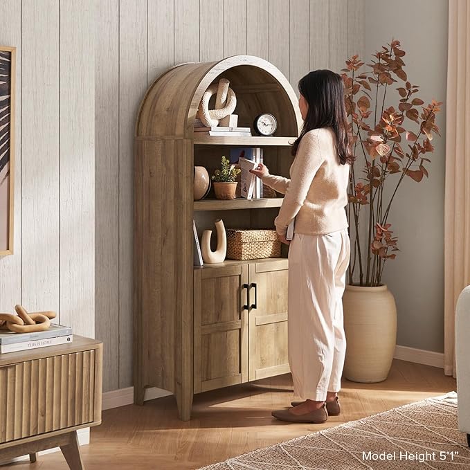 mopio Lauren 77.4" Tall Arched Cabinet, 5-Tier Arched Bookcase with Doors and Adjustable Shelves, Arch Bookshelf with Storage, Wooden Storage Cabinet for Living Room and Kitchen Pantry (Set of 2, Oak)