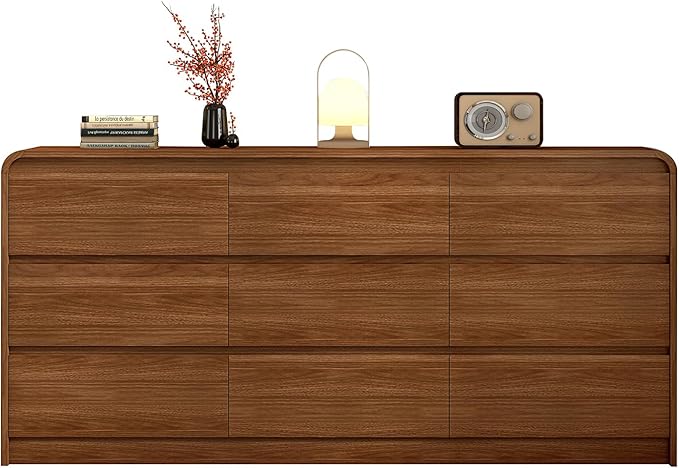 9 Drawer Dresser For Bedroom 63 Inch Wood Chest of Drawers - Curved Anti Collision, Mid Century Dresser For Closet with Natural Texture & Pre-Embedded Slots for TV Stand, Living Room, Nursery