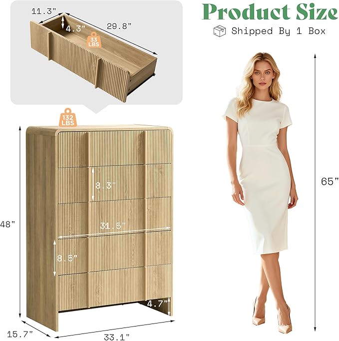 AMERLIFE Fluted 5 Drawer Dresser, 48" Tall Modern Chest of Storage Drawers with Pine Handles, Rounded Corners & Anti-Tip Design, Wood Closet Organizer for Bedroom, Living Room, Nursery, Natural Oak