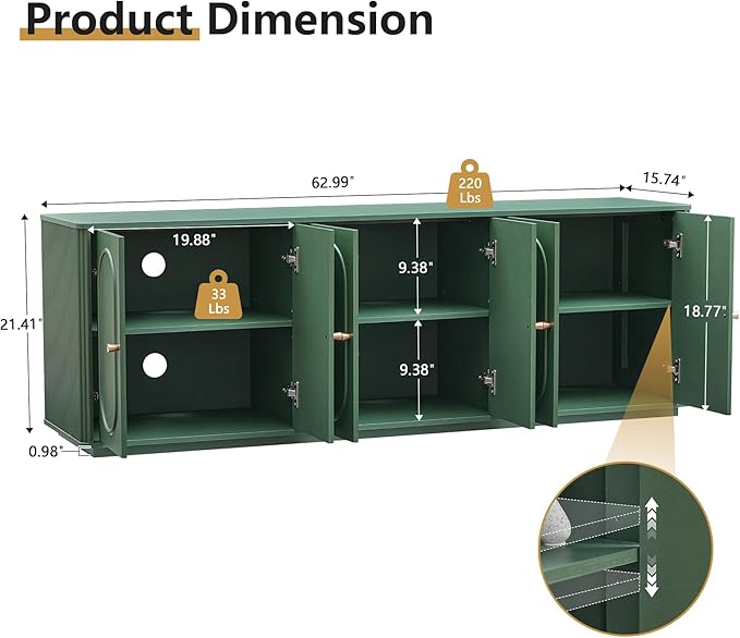 63'' Fluted Sideboard Buffet Cabinet with Storage and 6 Doors, Low Storage Cabinet Modern Wooden Accent Credenza Console Table for Kitchen Dining Living Room Entryway, (63"W*15.75"D*21.4"H) Green