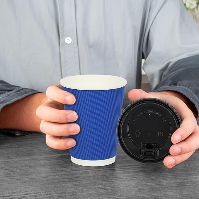 Disposable Blue Coffee Cups 12 oz 20 Pack, Paper Coffee Cups 12 oz for Hot Drinks or Cold Beverages, Insulated Corrugated Ripple Wall Cup for Office, Cafe, Home or Travel